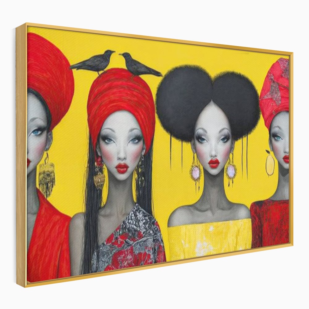Tablou canvas cu ilustratie canvas cu patru femei stilizate, in rama de aluminiu auriu